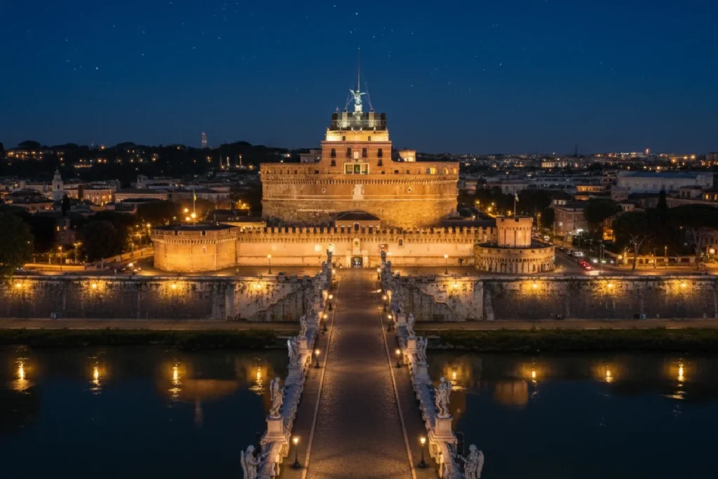 Aerial view of the illuminated Castel Sant'Angelo and bridge at night
