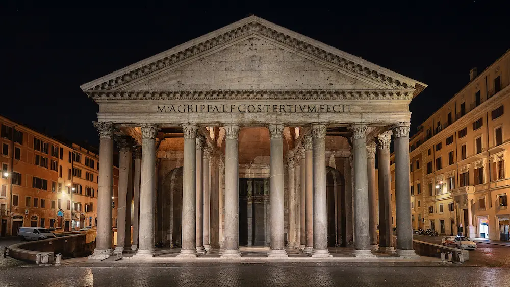 Exterior of the Pantheon in Rome at night